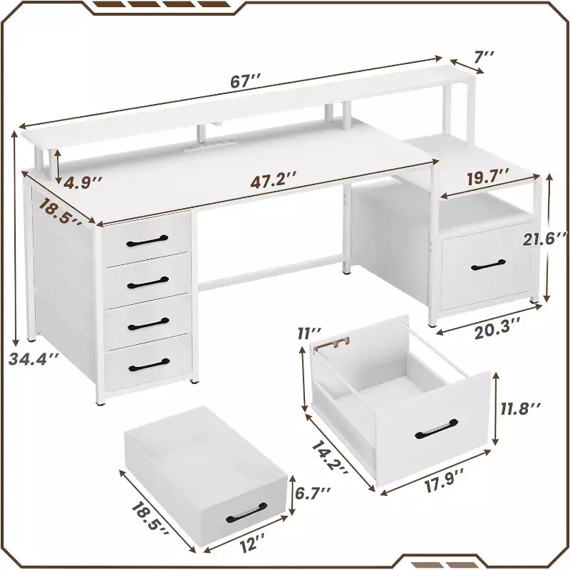 Computer Desk with 5 Drawer & Power Outlet 66'' Home Office Desk with File Drawer Storage Shelves with Led Lights, White/ Brown