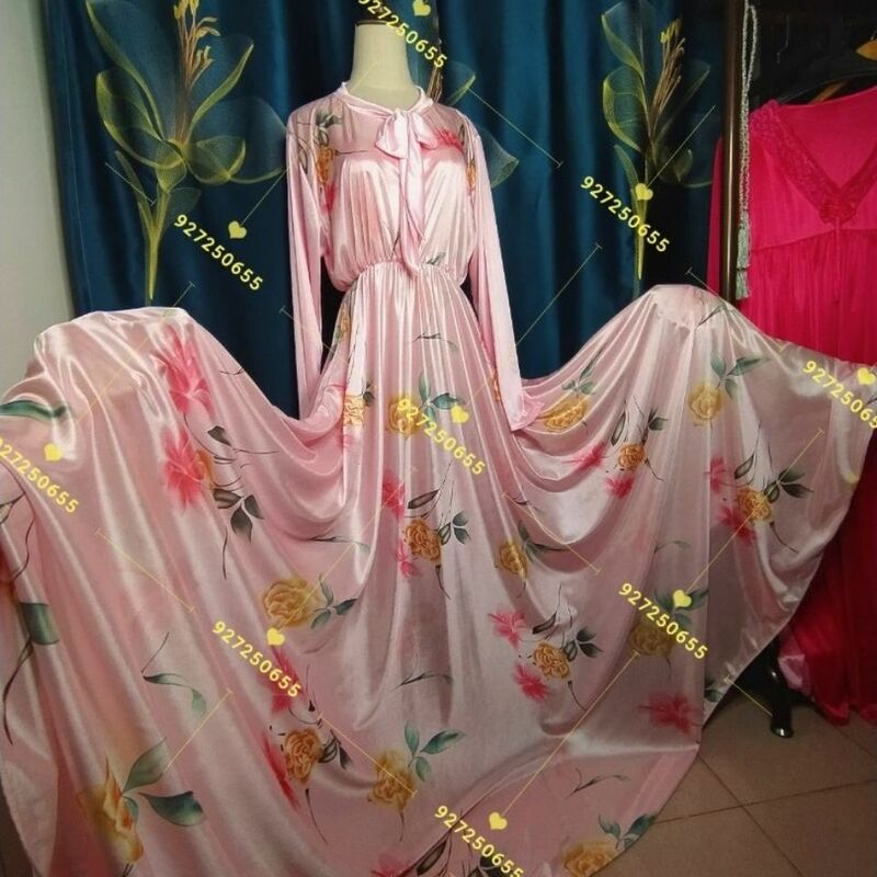 Glossy Floral Print Ice Silk Sexy Women Ruffles Satin Long Sleeve Loose Maxi Dress Sleeping Robe