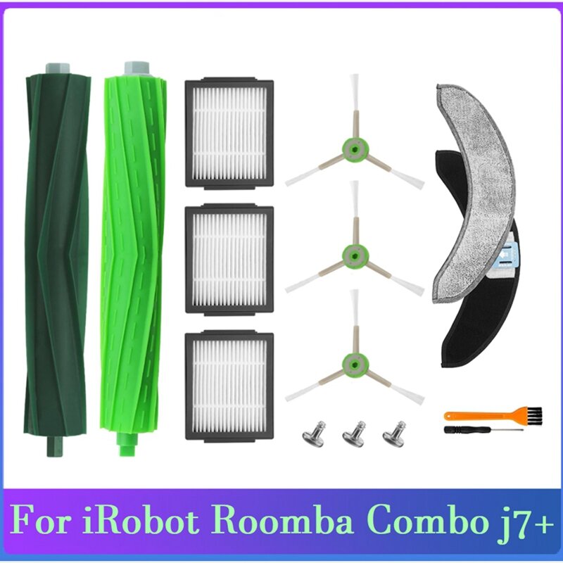 Conjunto de 12 peças de borracha, filtros hepa, escova lateral, esfregão para irobot roomba combo j7 + aspirador robótico acessórios