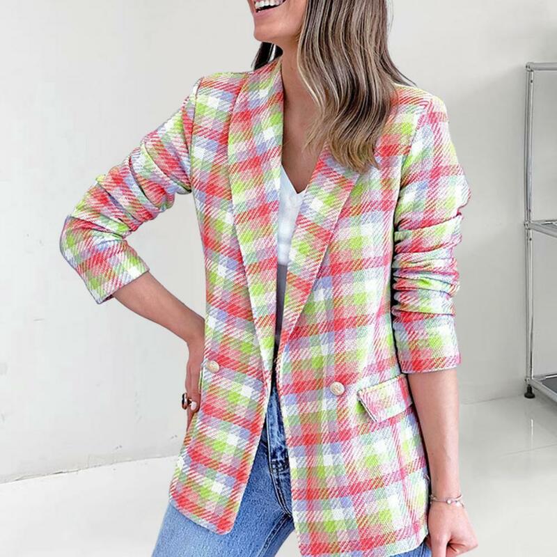 Trendy Retro Print Jacket Plaid Print Suit Coat Stylish Lapel Long Sleeve Jacket with Flap Pockets Slim Fit for Autumn/winter