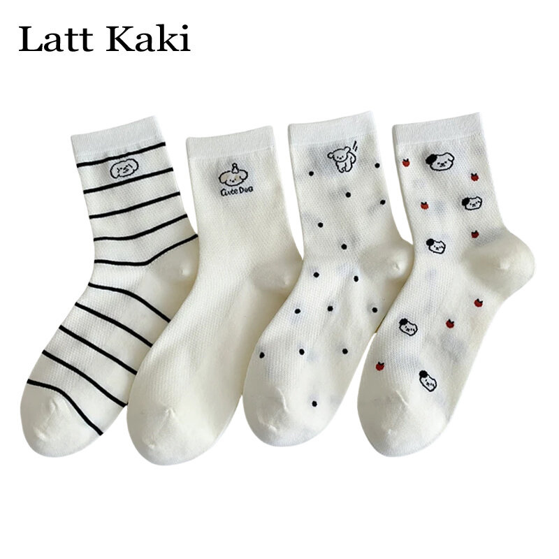 4 Pairs Socks For Women Mesh Spring Summer Breathable Girls Cartoon Socks Set Dogs Cute Simple White Crew Socks Comfortable Thin