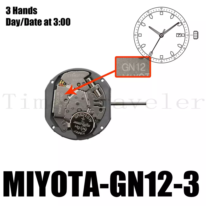 Gn12 Bewegung miyota gn12 Bewegungs größe 8 3/4 '''Höhe 2,71mm Akkulaufzeit 3 Jahre 3 Hände Datum bei 3:00