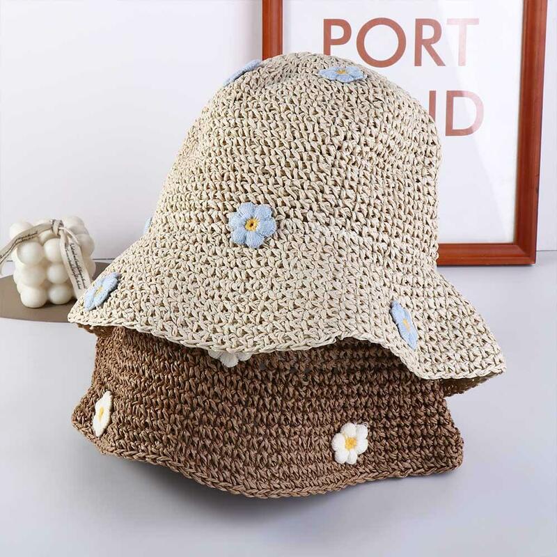 Foldable Holiday Woman Sunscreen Flat Hat Flower Beach Hat UV Protection Boho Sun Hat Sun Protection Straw Hat Sun Cap