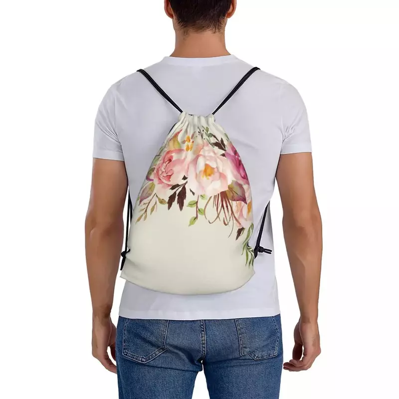 Mochila romántica con ramo de flores de acuarela, bolsas con cordón portátiles, paquete de cordón, bolsa de artículos diversos de bolsillo para estudiantes de viaje