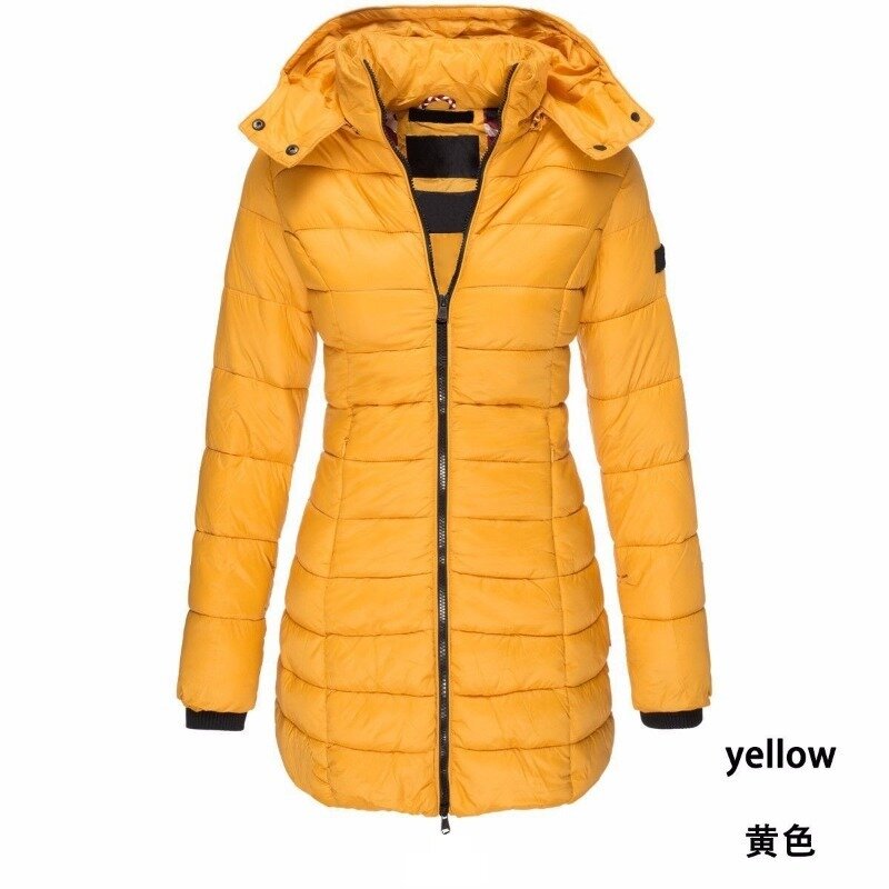 Parkas de manga comprida feminina com capuz, casaco fino, algodão, monocromático, quente, fecho de correr, inverno, nova moda
