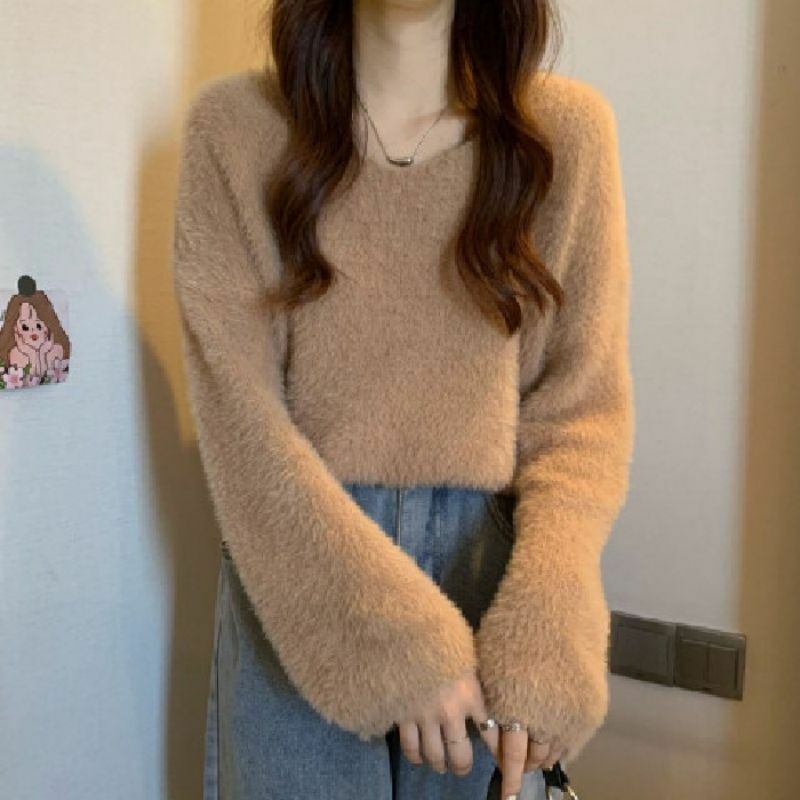 女性用長袖ニットセーター,Vネックセーター,単色,厚手のニットウェア,韓国のファッション,秋冬