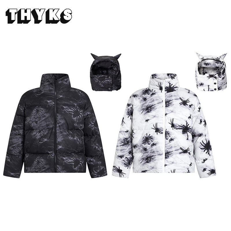 Spider Printed Hooded Cotton Jacket Men Women Winter Fashion Masked Face Warm Cotton Jackets Street Trend Loose Casual Coat