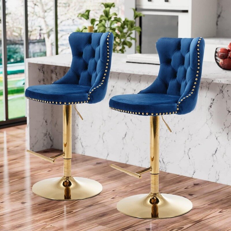 Obrotowy stolec barowy zestaw 4 regulowanych stołków barowych z aksamitnymi taboretami z tyłu, nowoczesne tapicerowane krzesła barowe z Nailhe