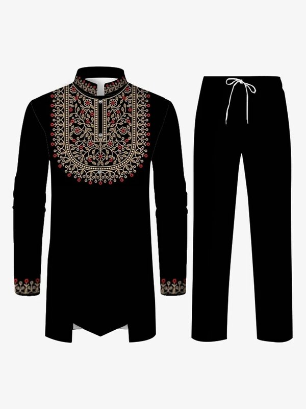 Bata musulmana de dos piezas para hombre, traje árabe de Oriente Medio, ropa de oración musulmana, ropa estampada, 2 piezas