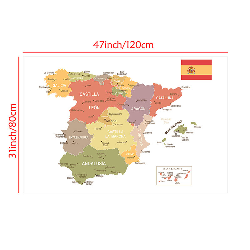 Perlengkapan Sekolah Dekorasi Rumah Ruang Tamu Kain Non-tenun Peta Spanyol Dalam Kain Latar Belakang Seni Spanyol 120*80Cm