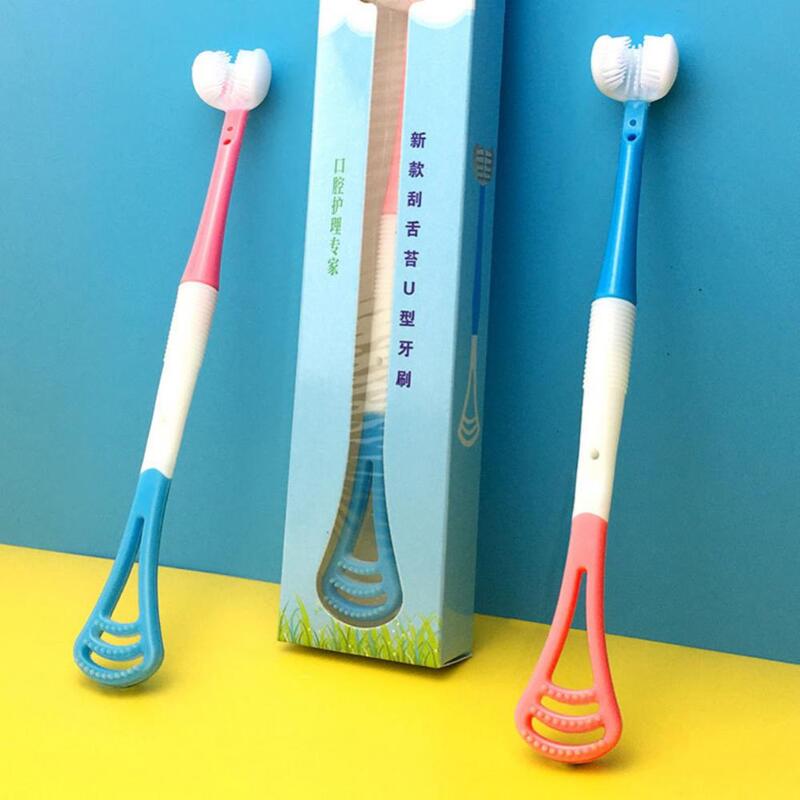 Cepillo de dientes multifuncional de tres caras para niños, pelo suave para bebés de 2-6-12 años, cuidado bucal en forma de U, raspador de lengua de limpieza