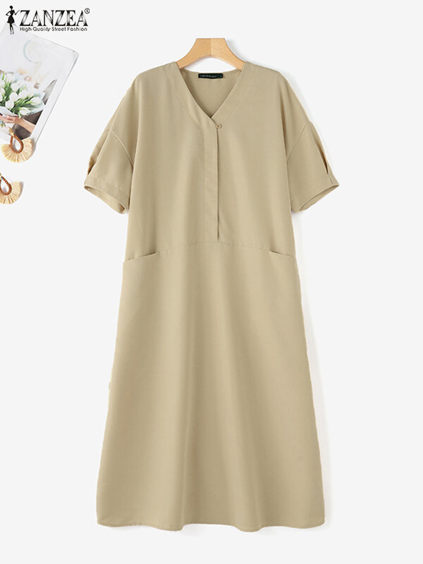 Frauen Vintage solide lange Roben Zanzea lässig Cargo Taschen Kleid 2024 Sommer Harajuku Vestidos Mode lose Büro V-Ausschnitt Kleid