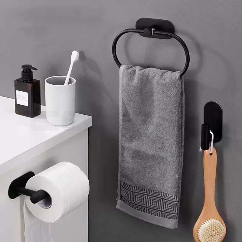 Toallero de acero inoxidable sin perforación para baño, juego de accesorios de baño negro, portarrollos de papel higiénico, toallero