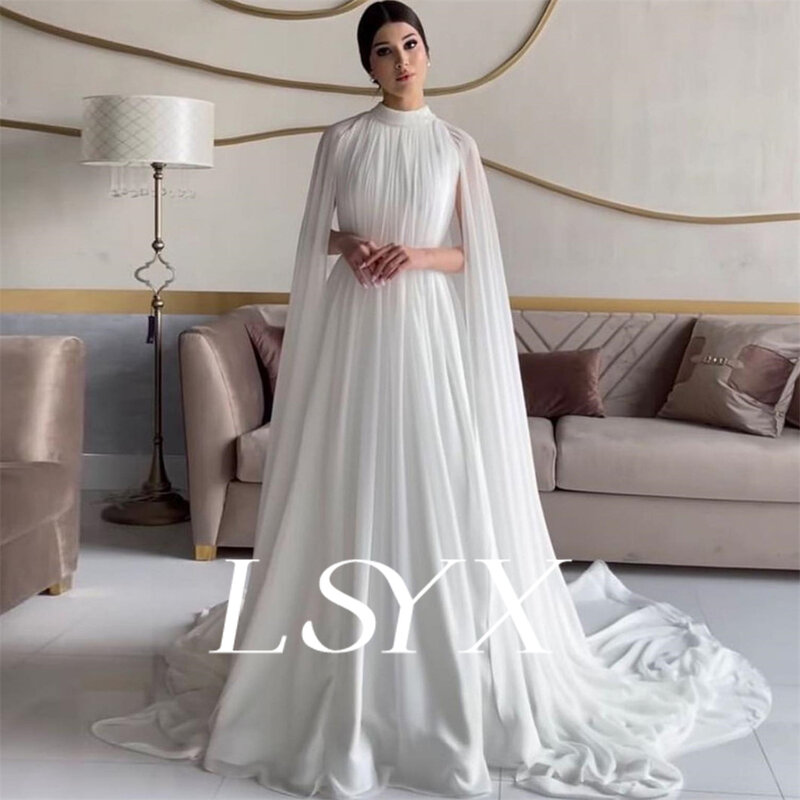 LSYX-vestido de casamento de gola alta, mangas longas, chiffon A-Line, botão de ilusão, trem traseiro, vestido de noiva, feito sob encomenda