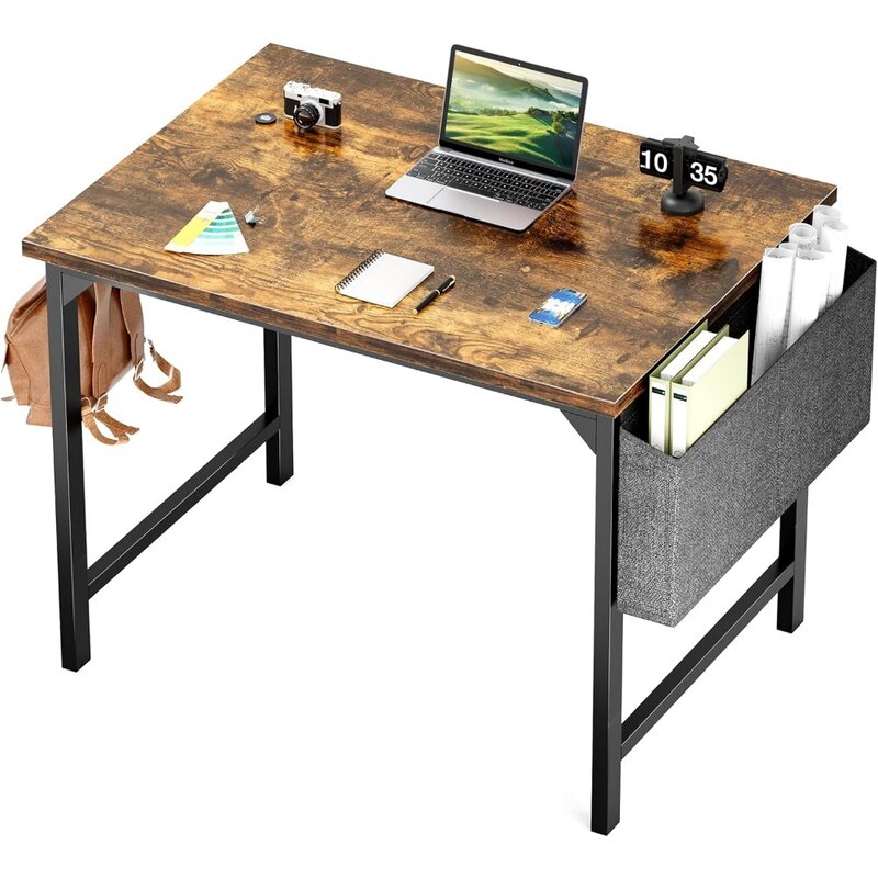 Bureau d'ordinateur fantôme croustillant avec sac de rangement, table en bois, bureau, écriture, travail, étude, étudiant, style moderne et simple, 48 pouces
