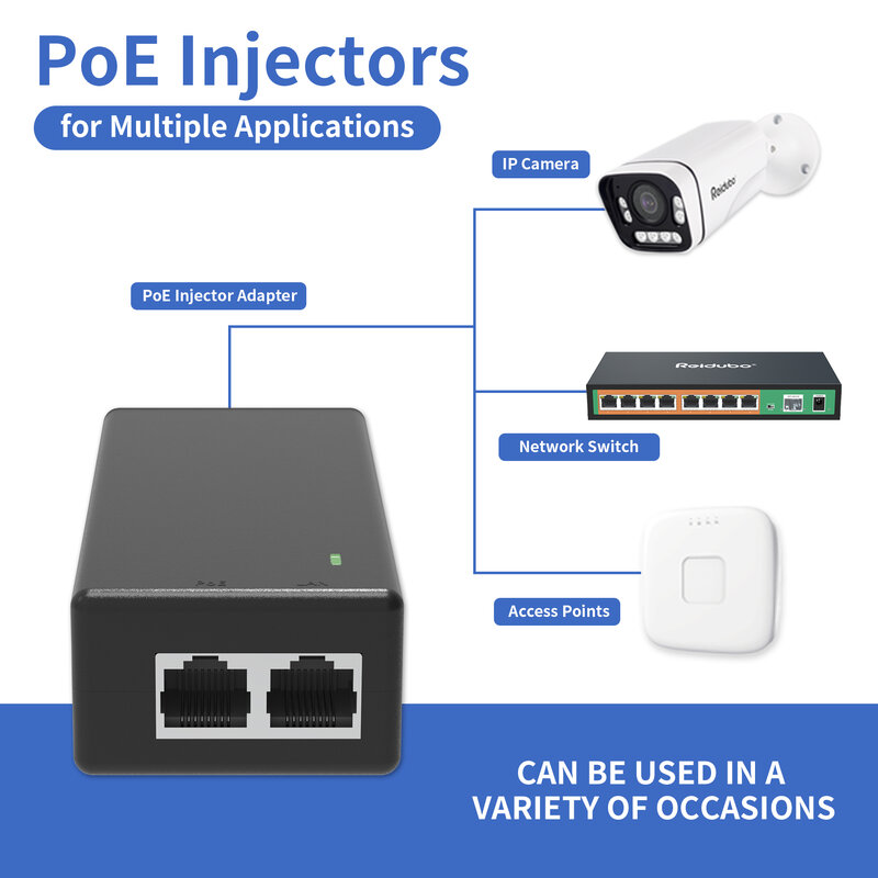 محول حاقن Gigabit POE ، 30 واط ، IEEE ، af/at متوافق ، غير PoE + Network ، 10 ميغابايت في الثانية ، Mbps ، Mbps ، Mbps ، Plug & Play ، RJ45
