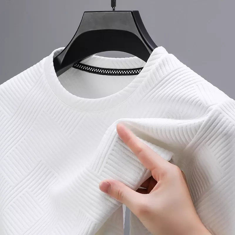 Camiseta coreana de elasticidade masculina, moletom de manga comprida, blusa texturizada casual, gola redonda, moda, novo, 2024
