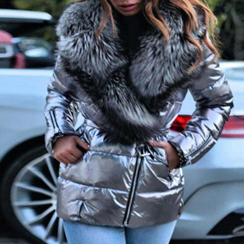 Chic Casual Overcoat Long Sleeve Short Type Pure Color Winter Women Faux Fur Collar Puffer Jacket
