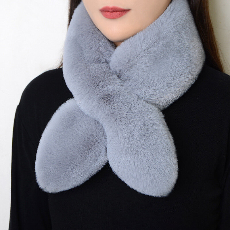 Korean Fashion Winter Faux Rabbit Fur Scarf Women Soft Thicken Plush Snood Scarves Outdoor Cross Solid Color Neck Warmer Collar