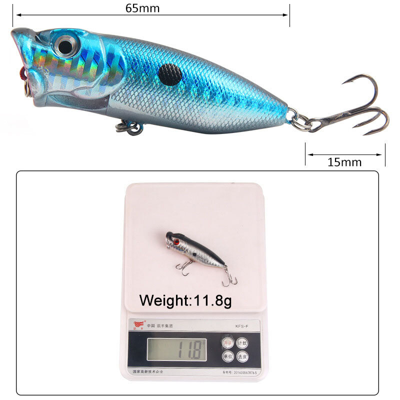 Señuelo de Pesca Popper flotante, cebo duro Artificial, cuentas de acero, perca, anzuelo de Pesca, 6,5 cm, 11,8g, 1 unidad