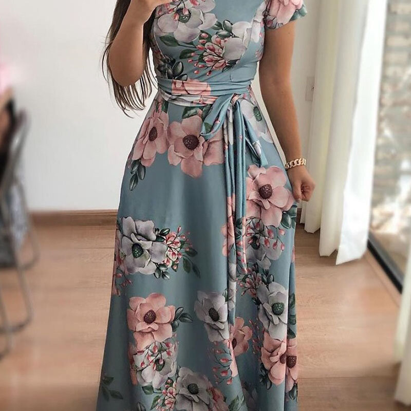 Платья с круглым вырезом, Повседневный пуловер с цветочным принтом, летняя Свободная Женская одежда для отдыха с коротким рукавом и поясом, новинка 2022
