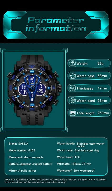 Часы наручные SANDA Мужские Цифровые, армейские спортивные Кварцевые водонепроницаемые электронные с хронографом, оригинальные, 50 м, 6105