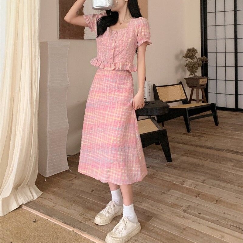 Large Size Temperament Small Fragrant Grid Skirt Set French Pink Half Skirt Women's Summer Fashion Two Piece Set for Woman