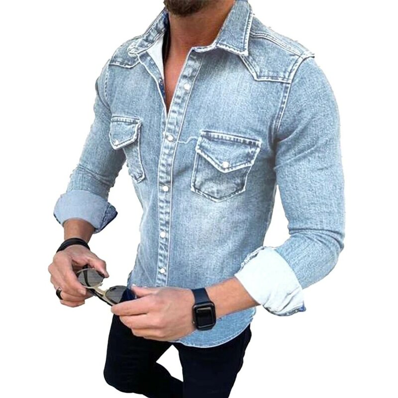 남성용 싱글 브레스티드 슬림 핏 긴팔 가슴 포켓 스냅 셔츠, 캐주얼 셔츠 상의, 남자 옷, 가을 용수철