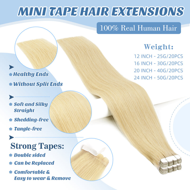 K.S WIGS Mini Tape in Hair Extensions Human Hair Straight Seamless Skin Weft Real Natural Brazilian Hair For Women Balayage 10Pc