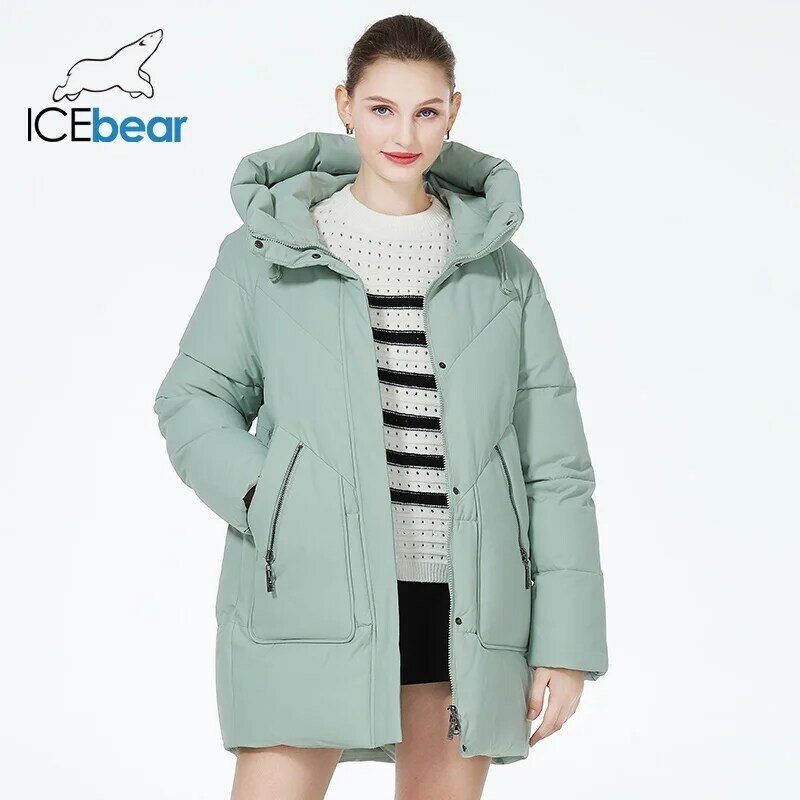 ICEbear jaket puffer Musim Dingin Wanita, jaket panjang setengah kasual bertudung tahan angin, mantel katun merek pakaian GWD3922I 2023