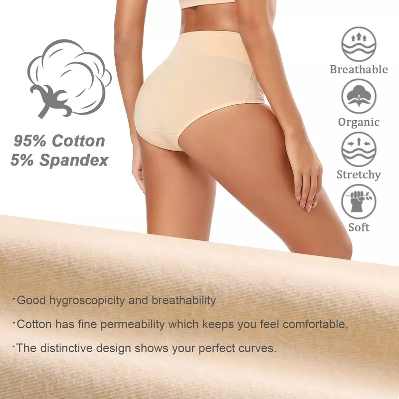 POKARLA-Roupa interior de algodão sem costura para mulheres, cintura alta, cuecas com cobertura completa, calcinha respirável feminina, plus size, 5PCs