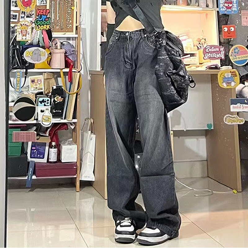 Calça jeans folgada preta vintage feminina, de cintura alta, de pernas largas, calça jeans grunge, roupa coreana, Y2K, alta, alta