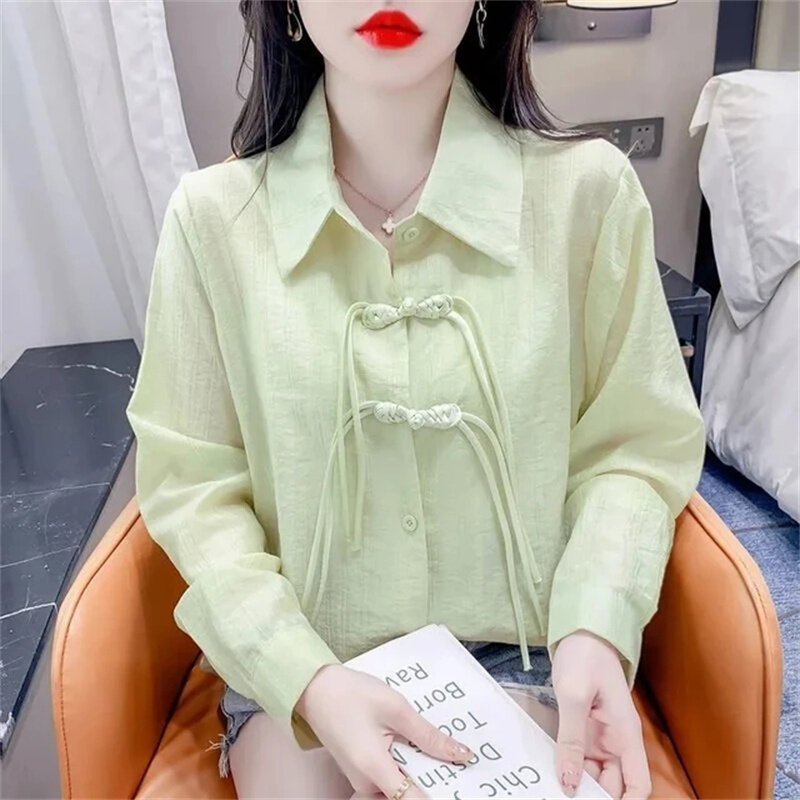 Letnia damska nowa chińskie w stylu Retro klamra odzież chroniąca przed słońcem damska z długim rękawem cienka szyfonowa koszula damska sweter na zewnątrz