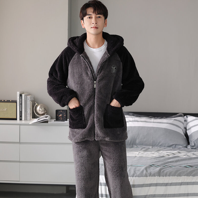 Winter Pajamas Set Men Thick Coral Fleece Pyjamas M-4XL Warm Hooded Sleepwear Flannel Mens Pyjama Home Clothes