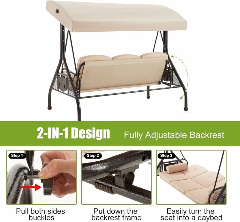 Outdoor Pátio Swing Chair com encosto ajustável e Canopy, Glider Chair, 3-Seat, Porch Swing
