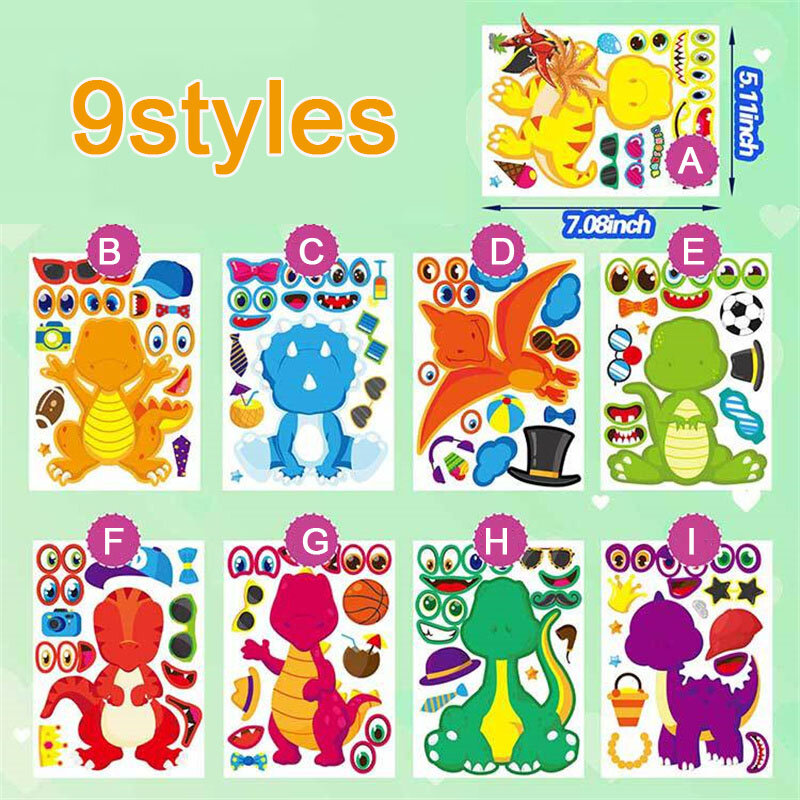 9-27sheet Kids DIY Stickers Reusable Cartoon Make A Face Dinosaur Puzzle Sticker Children Classic Toys Party Favor Birthday Gift