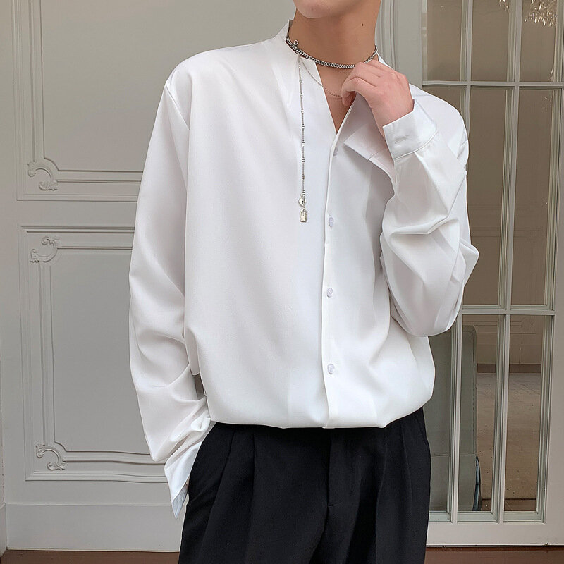 Высококачественная Мужская одежда, рубашки без воротника для мужчин, модная драпированная рубашка из ледяного шелка, однотонная Повседневная Корейская рубашка с длинными рукавами и пуговицами