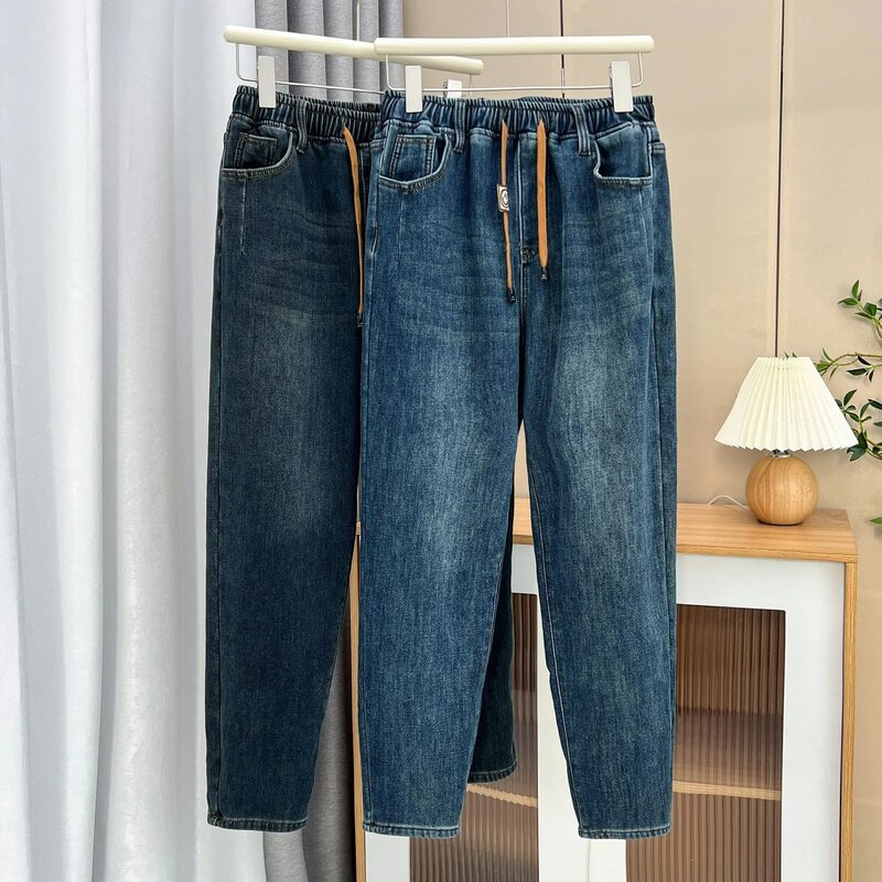 Зимние эластичные джинсовые шаровары с флисовой подкладкой на 100 кг, женские повседневные выбеленные джинсы длиной до щиколотки 1748