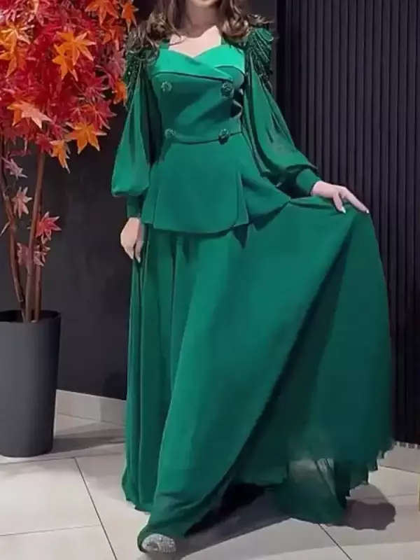 ชุดสูทวินเทจของผู้หญิงที่สง่างามเสื้อคอเหลี่ยมแขนพัฟตาข่ายเสื้อและกระโปรงเอวสูงแกว่งขนาดใหญ่