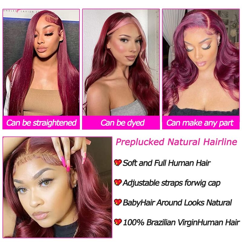 Бордовые волнистые человеческие волосы HD, прозрачные кружевные передние парики 99J, бордовые волнистые бразильские человеческие волосы