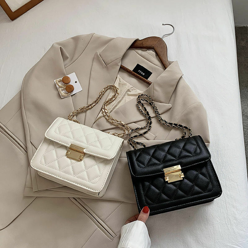 Women Diamond Lattice Chain Bags White Black PU Leather Shoulder Bag Korean INS Fashion Female Crossbody Bags for Ladies Girls