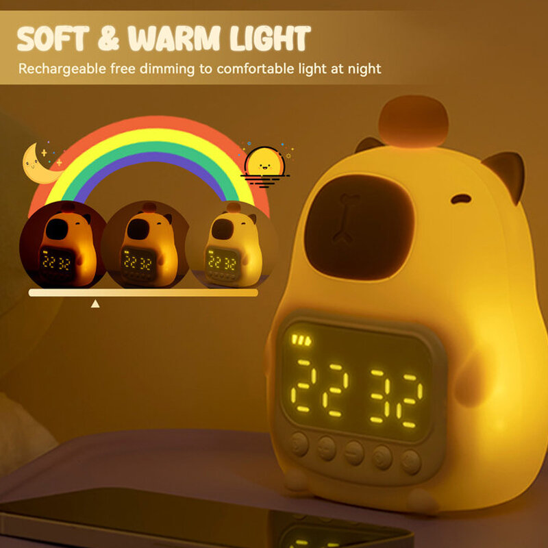 Capybara 야간 조명 어린이 알람 시계 야간 램프, 귀여운 모양 충전 타이밍 스누즈 조명, 데스크탑 장식, 어린이 선물