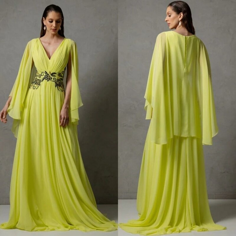 Jersey Draped Embroidery Party A-line V-neck Bespoke Occasion Gown Long Dresses