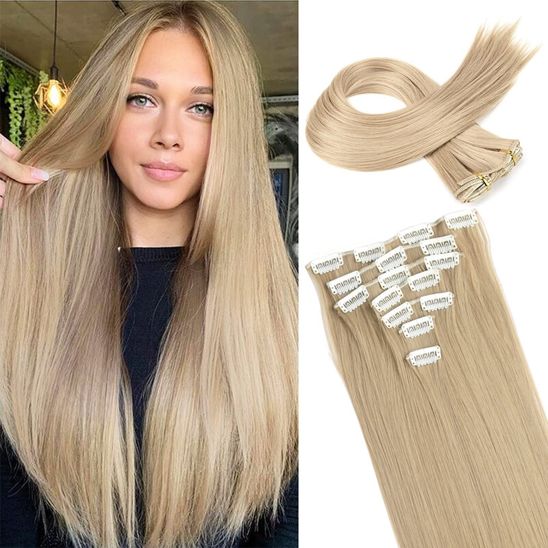 Długa prosta fryzura 16 klipsów 7 sztuk/zestaw włosów naturalne syntetyczne blond czarne treski odporne na ciepło dla kobiet