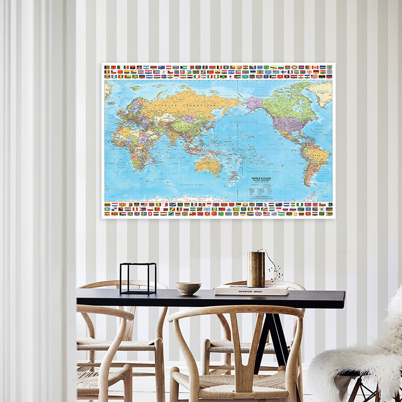 접이식 부직포 원단 세계 지도, 국가 깃발이 있는 영어, 예술적 배경 벽 장식, 학교 용품, 100x70cm