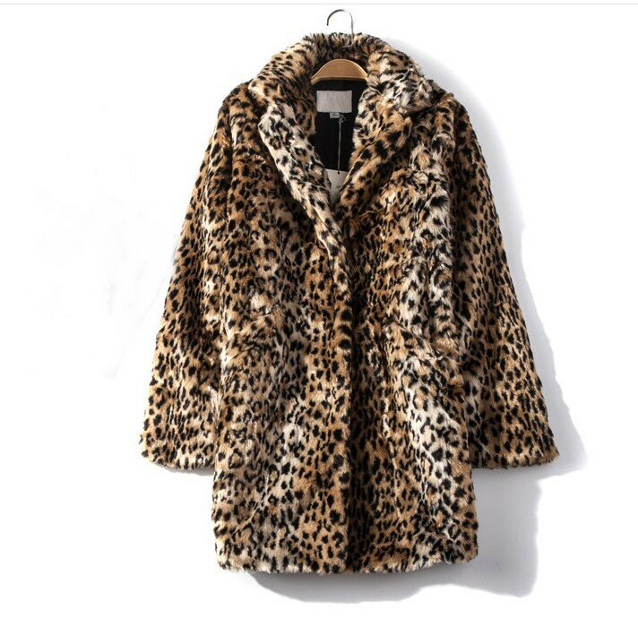Abrigo de leopardo para mujer, abrigo grueso de longitud media, piel de oveja de imitación, moda
