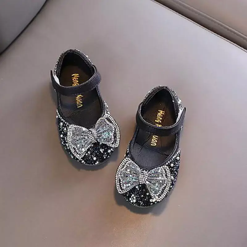 2024 Children's Sequins Bow Leather Shoes Spring Girls Rhinestone Princess Shoes Cute Kids Soft Bottom Dance Shoes Size 21-36