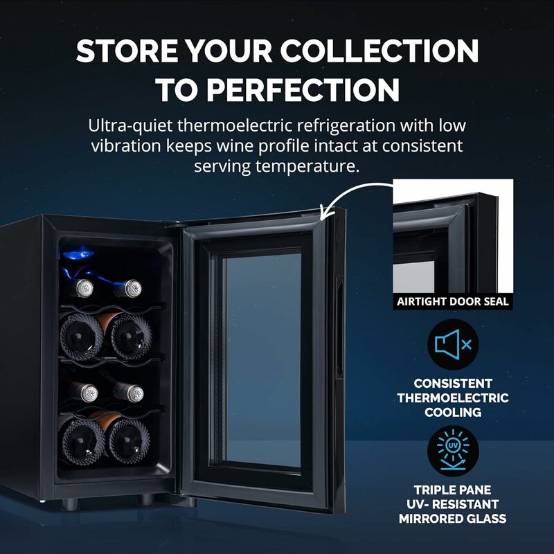 Mirrored Compact Wine Cellar with Triple-Layer Tempered Glass Door | Vibration-Free & Ultra-Quiet Thermoelectric Cooling