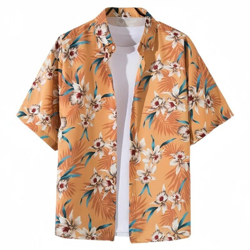 Letnie męskie z krótkim rękawem bluzka w roślinny wzór wakacje nad morzem luźne przystojne topy modne hawajskie koszula Vintage plażowe