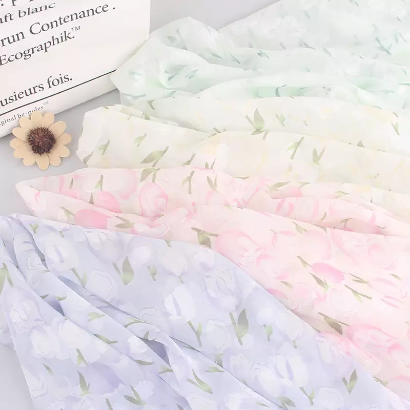 Tela de gasa Floral por metro para vestidos, faldas, ropa, costura Diy, tulipán impreso, tela fina de verano, flor transparente suave